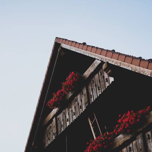 Außenansicht Dachstuhl Bauernhaus mit Geranien